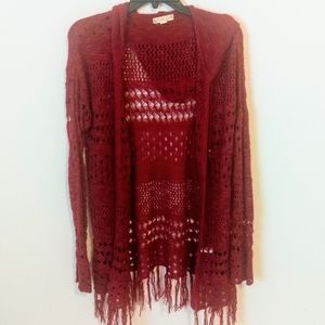 Knit Crochet Long Red Hood Drawstring Sweater Cardigan Size Medium/Large